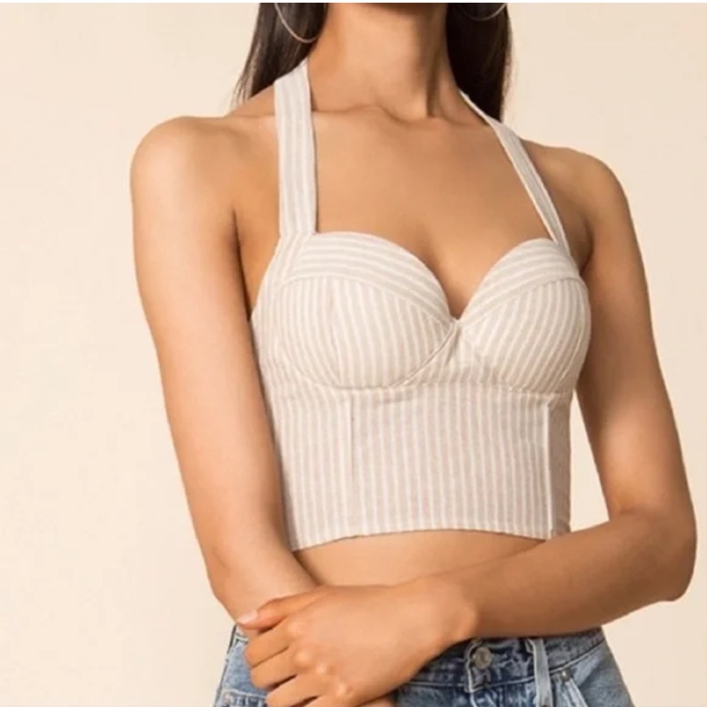 Superdown Rudy White And Tan Stripe Halter‎ Top Size Large